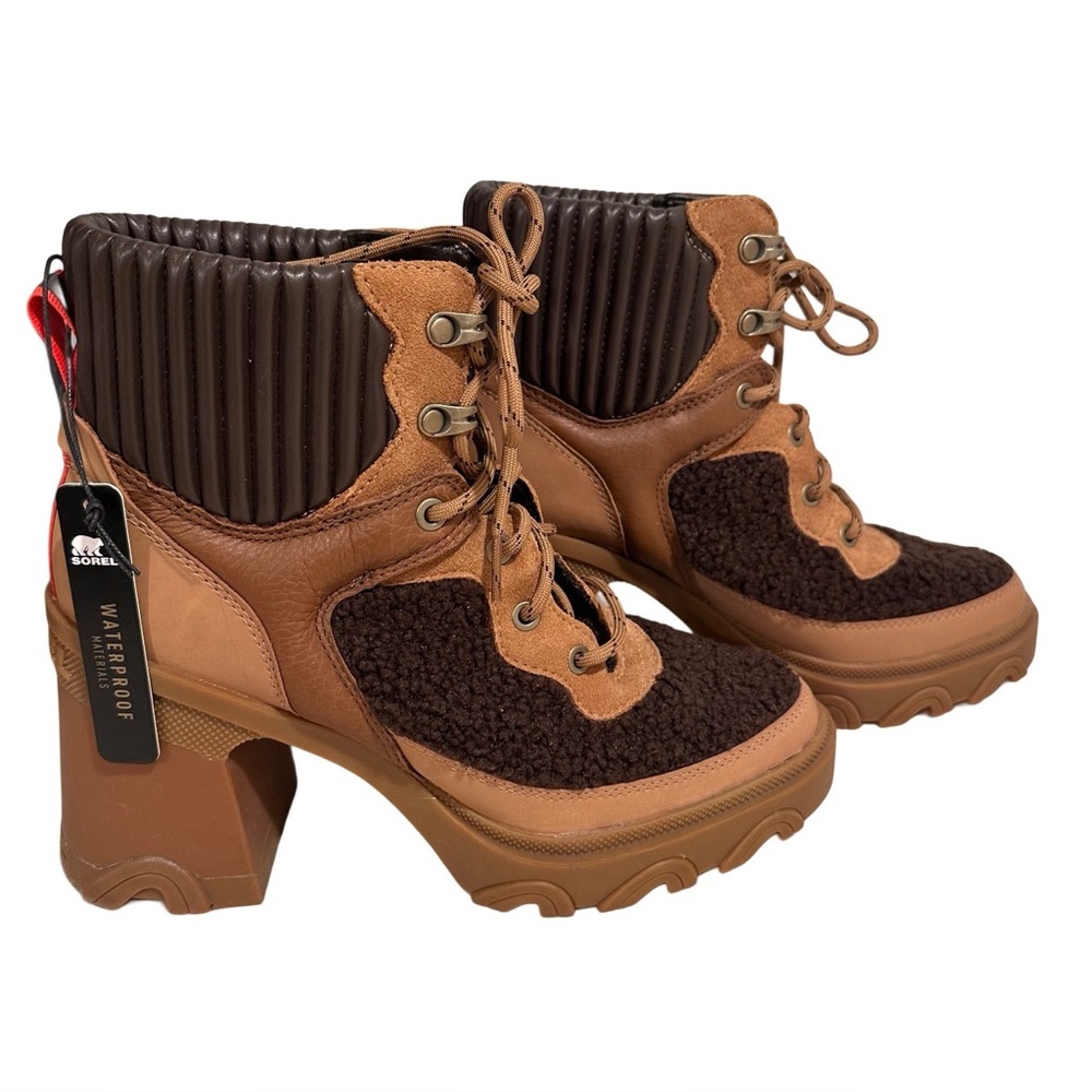 Sorel Brex Heel Cozy Lace Waterproof Leather Women's Booties Tan/Black US 9 NWT - Picture 4 of 15